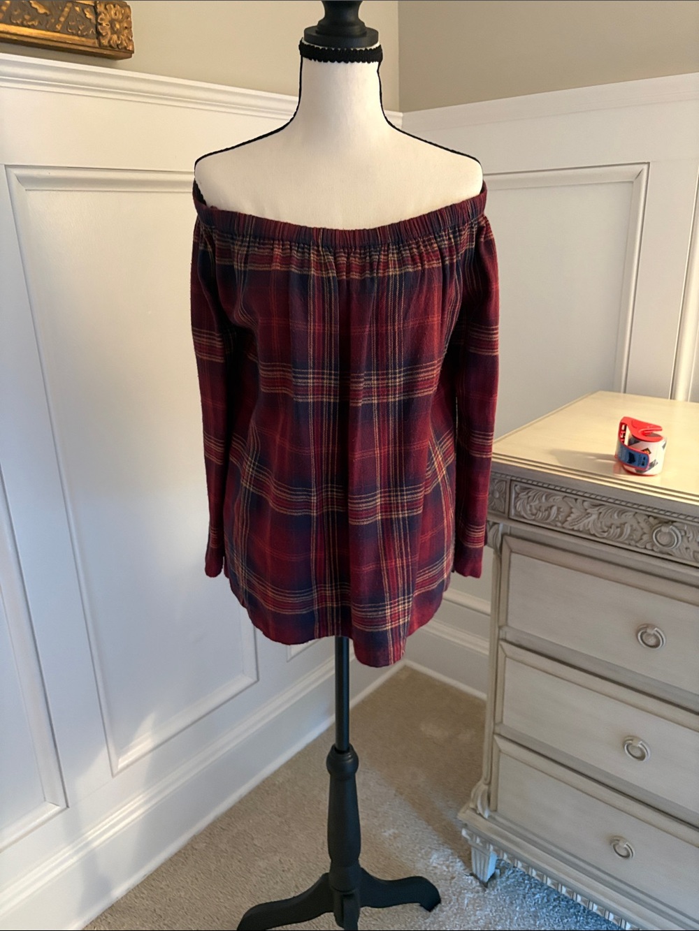 cloth & stone Burgundy Plaid Off-the-Shoulder Top